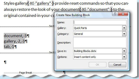 Screenshot: Quick Parts Dialogue
