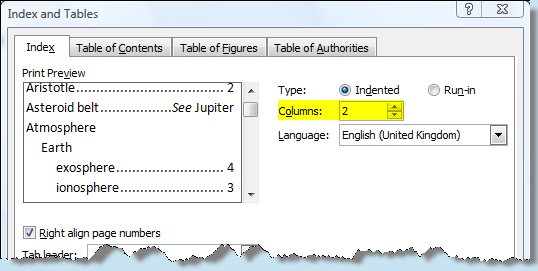 Screenshot: The Insert Index Dialog
