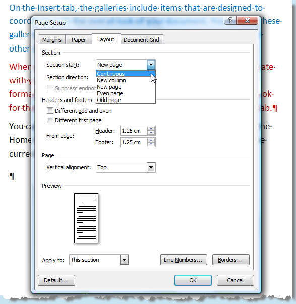 Screenshot: Changing the Section Start
