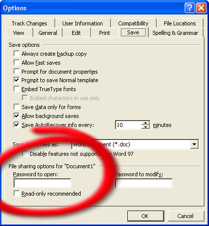 Word 2000 Save Options Dialog