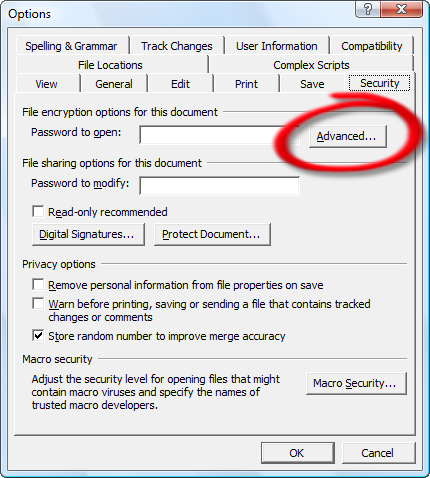 Word 2002 Security Options Dialog